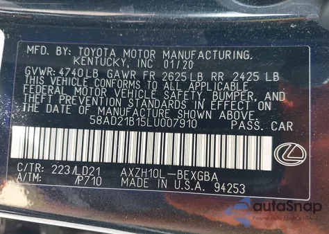 2020 Lexus Es 300H from USA, damaged, VIN 58AD21B15LU007910